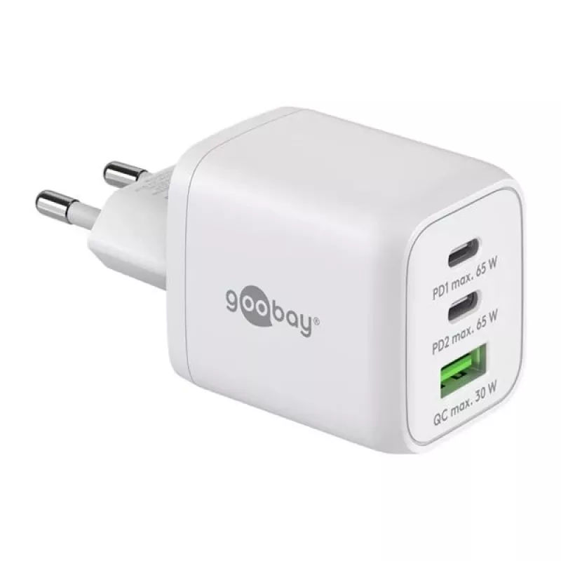 USB-C ātrais lādētājs Nano, PD, GaN, 65 W (balts, 1x USB-A, 2x USB-C PD, Charge 3.0)