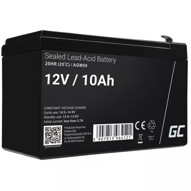 UPS akumulators zaļa Cell AGM50 12 V 10 Ah VRLA AGM, 65×151×95 mm, 2.45 kg, melns