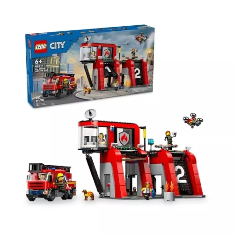 Konstrukciju rotaļlieta LEGO City Ugunsdzēsēju stacija ar grozāmo kāpņu transportlīdzekli 60414 — 843 detaļas, 5 minifigūras, 220×320×140 mm