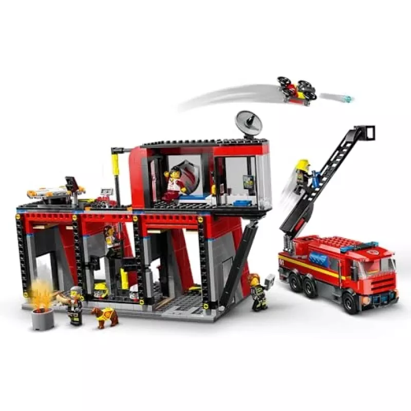 Konstrukciju rotaļlieta LEGO City Ugunsdzēsēju stacija ar grozāmo kāpņu transportlīdzekli 60414 — 843 detaļas, 5 minifigūras, 220×320×140 mm