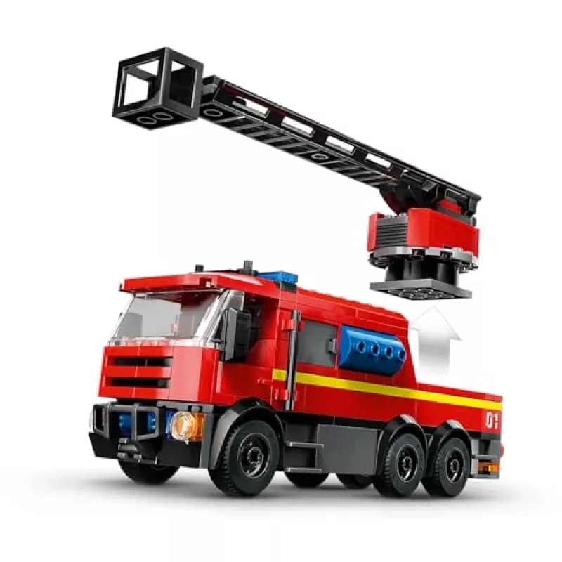 Konstrukciju rotaļlieta LEGO City Ugunsdzēsēju stacija ar grozāmo kāpņu transportlīdzekli 60414 — 843 detaļas, 5 minifigūras, 220×320×140 mm