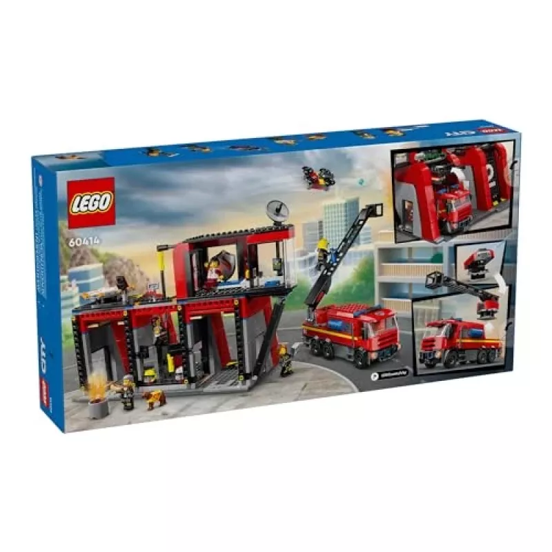 Konstrukciju rotaļlieta LEGO City Ugunsdzēsēju stacija ar grozāmo kāpņu transportlīdzekli 60414 — 843 detaļas, 5 minifigūras, 220×320×140 mm