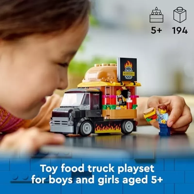 LEGO City Burger Van Pārtikas Kravas Auto Rotaļlieta 5+ Gadiem Zēniem un Meitenēm Transportlīdzekļa Būvēšanas Rotaļlietas Virtuves Komplekts ar Pārdevēja Minifigūru un Piederumiem