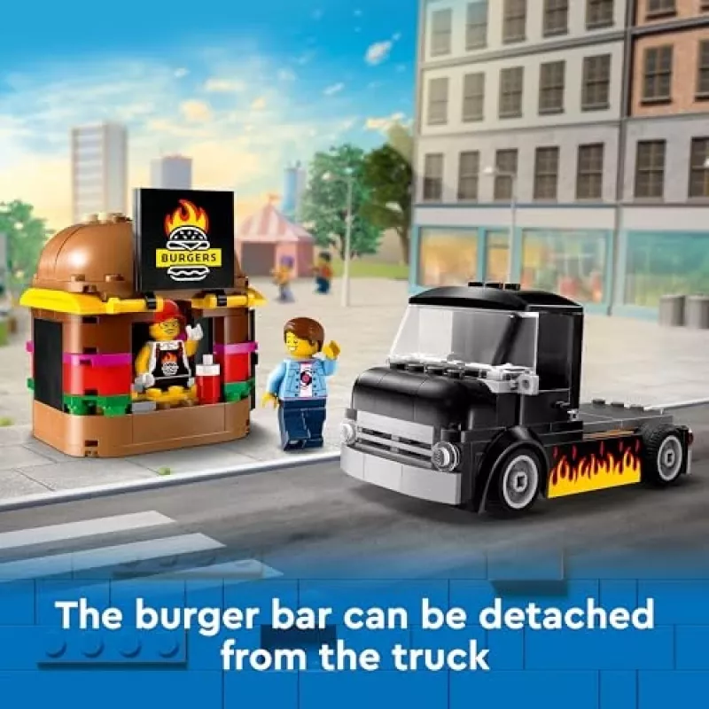 LEGO City Burger Van Pārtikas Kravas Auto Rotaļlieta 5+ Gadiem Zēniem un Meitenēm Transportlīdzekļa Būvēšanas Rotaļlietas Virtuves Komplekts ar Pārdevēja Minifigūru un Piederumiem