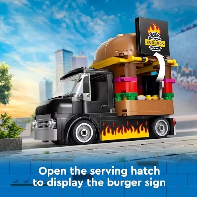 LEGO City Burger Van Pārtikas Kravas Auto Rotaļlieta 5+ Gadiem Zēniem un Meitenēm Transportlīdzekļa Būvēšanas Rotaļlietas Virtuves Komplekts ar Pārdevēja Minifigūru un Piederumiem