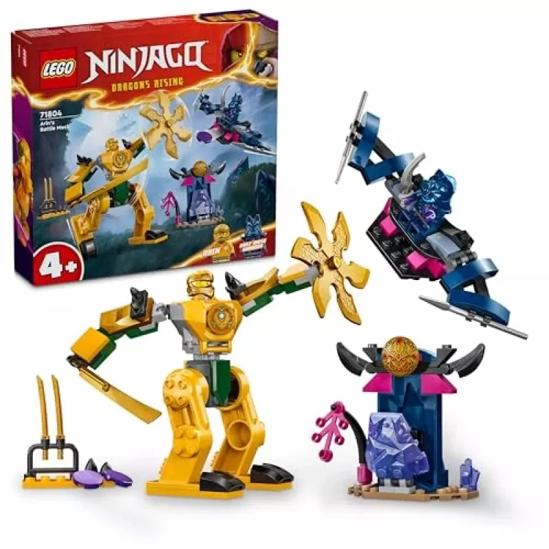 LEGO NINJAGO Arina kaujas meha darbības figūra, nindzju rotaļlieta 4+ gadus veciem zēniem, meitenēm un bērniem, Dragons Rising komplekts ar Arina minifigūru un mini Katu