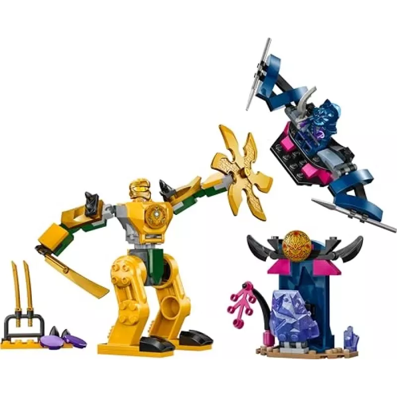 LEGO NINJAGO Arina kaujas meha darbības figūra, nindzju rotaļlieta 4+ gadus veciem zēniem, meitenēm un bērniem, Dragons Rising komplekts ar Arina minifigūru un mini Katu