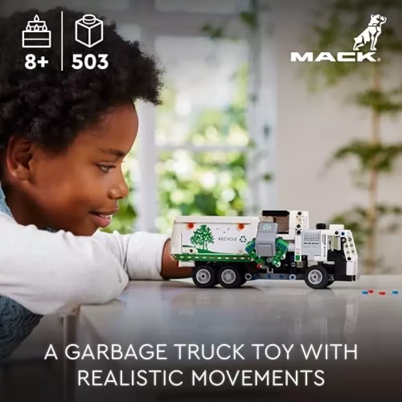 Konstruktors LEGO Technic Mack LR Electric Garbage Truck 42167 — 503 gab., motorizēts, izmērs 230×80×90 mm