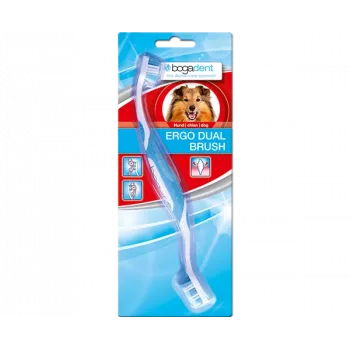 Divpusēja suņu zobu birste bogar Bogadent Ergo dual brush Mini — kompakta divgalvaina zobu birste maziem suņiem (5–10 kg, 120 g)