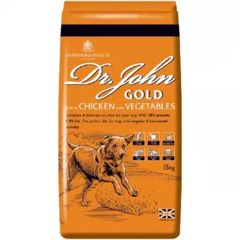 Sausā suņu barība Dr. John Gold Chicken 15 kg maiss — Pieaugušiem, 20% proteīna, 9% tauku, locītavu atbalsts