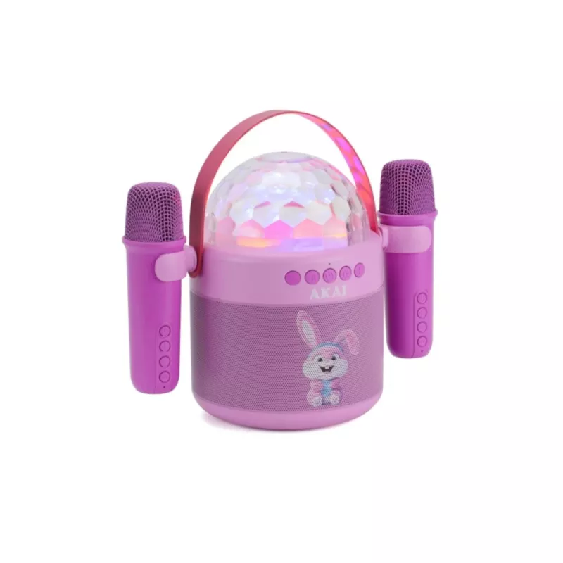 AKAI JoyBox Kids Karaoke komplekts ar Bluetooth, USB, MicroSD, AUX, FM radio, RGB gaismām, balss pārveidotāju, vadu mikrofonu, uzlādējamu 1200mAh akumulatoru, 5W RMS