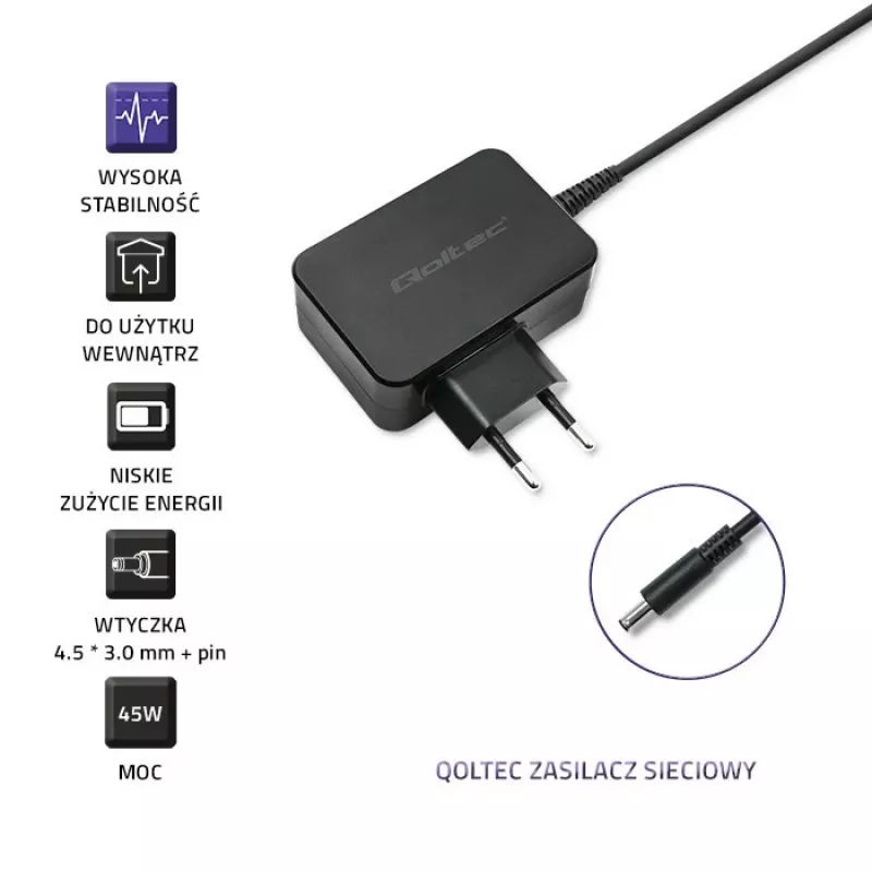 QOLTEC Barošanas adapteris Dell klēpjdatoram 45W 19.5V 2.31A 4.5x3.0mm zils gals