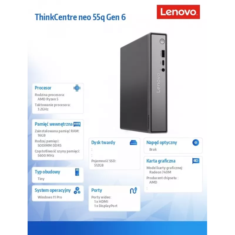 Lenovo ThinkCentre Neo 55q Tiny G6 Mini PC, AMD Ryzen 5, 16GB RAM, 512GB SSD, Windows 11 Pro, Melns