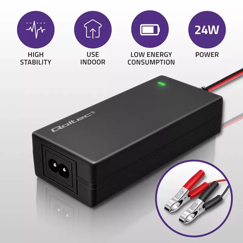 Qoltec Automātiskais akumulatoru lādētājs AGM GEL STD | Taisngriezis 12V | 2A | 24W | LED | Kabelis 1.8m