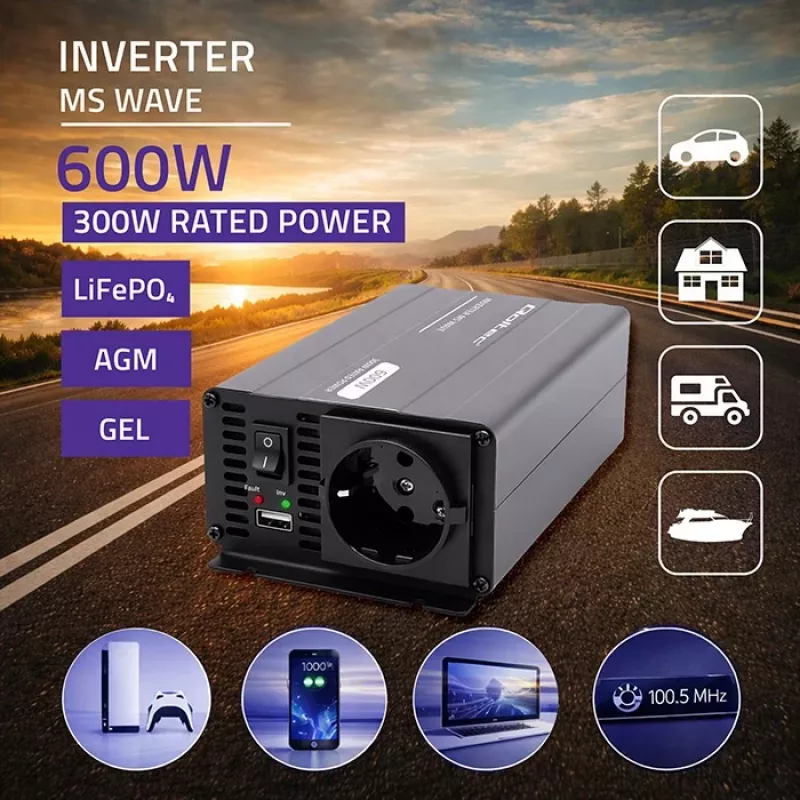 Qoltec MS Wave Power Inverter 12V uz 230V 300/600W USB saderīgs ar LiFePO4 GEL AGM