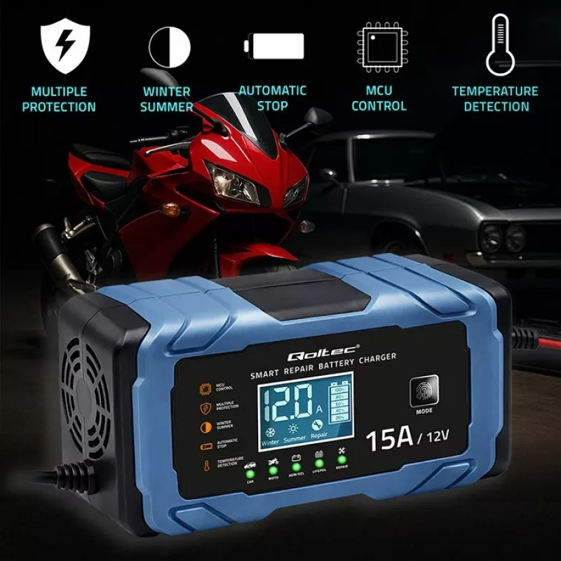Qoltec Intelligent Microprocessor Charger 12V 15A | Taisngriezis ar remonta funkciju | AGM GEL LiFePO4 | 9 posmu uzlāde