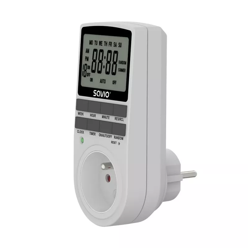 SAVIO AE-03 digitālais taimeris ar LCD displeju, 10 programmas, 16A, Schuko spraudnis, balts
