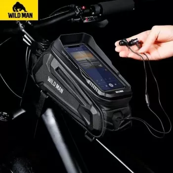 WILDMAN XT5 Frame Bag Black - Bicycle Top Tube Bag with Phone Pocket, Water-Resistant PU Leather