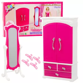 LEAN TOYS Leļļu mēbeļu komplekts Skapis Spogulis Pakaramie Rozā