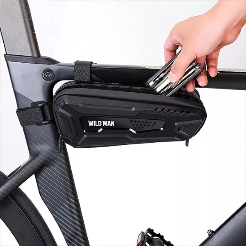 WILDMAN Bicycle Frame Bag M, Melns, PU Āda, EVA, 1.2L, Telefona nodalījums, Pieskāriena ekrāna saderība