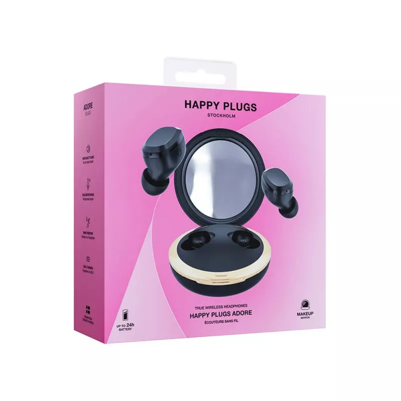 Happy Plugs Adore bezvadu austiņas ar spoguļa uzlādes futrāli (Melna)
