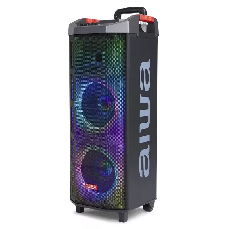 AIWA Power Audio Speaker KBTUS-710MKII 700W Portable Party Speaker ar Bluetooth, USB, SD, AUX, FM radio, LED gaismām, ratiņu rokturi, riteņiem, tālvadības pulti, mikrofonu
