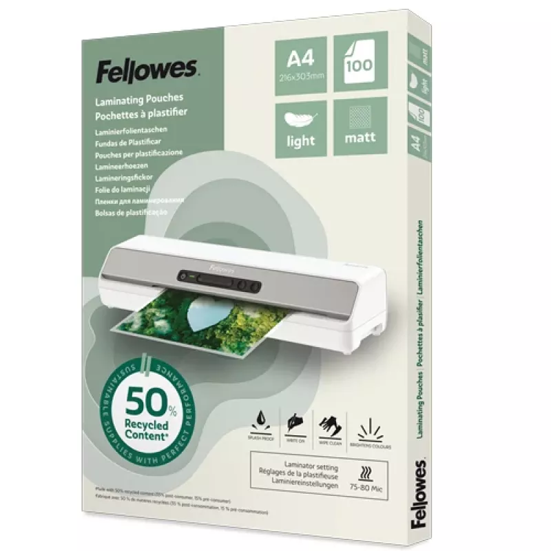 Fellowes 100-Pack A4 matētas laminēšanas plēves, 80 mikroni, pārstrādātas
