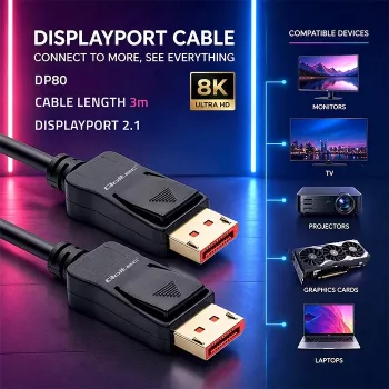 Qoltec DisplayPort 2.1 kabelis 3m 8K 54Gbps vīrietis pret vīrieti