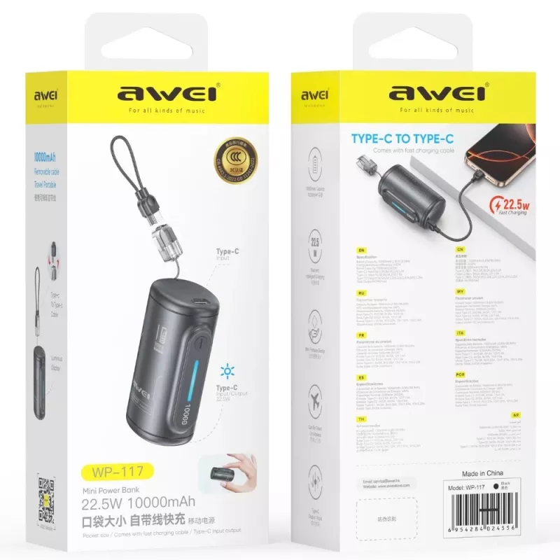 AWEI WP-117 Power Bank 10000mAh 22.5W 3C2xUSB-C Melns