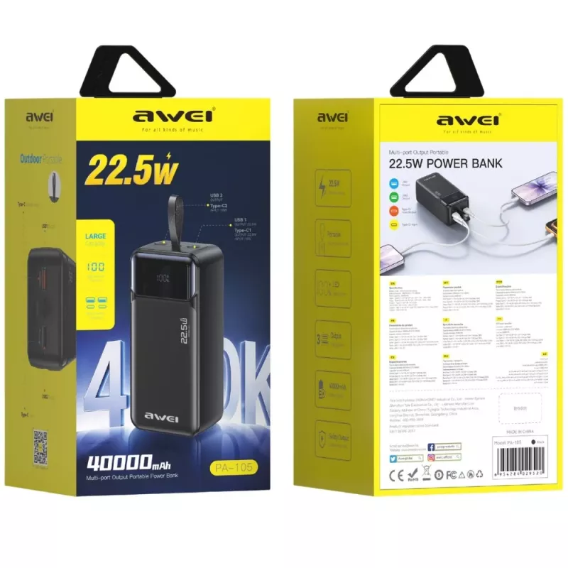 AWEI PA-105 Power Bank 40000mAh 22.5W PD QC 3.0 USB-C Melns