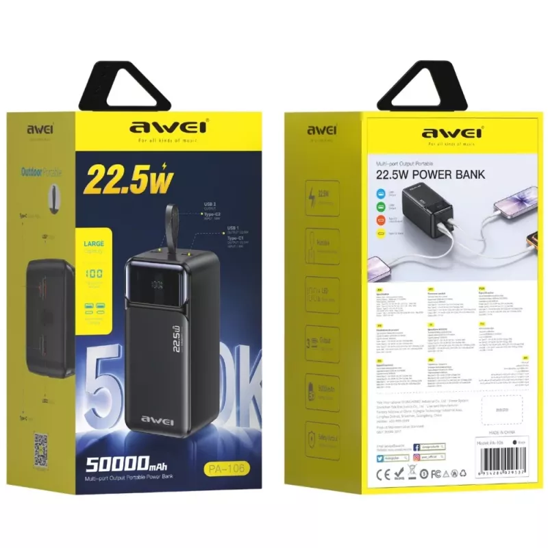 AWEI PA-106 Power Bank 50000mAh 22.5W PD 3xUSB-C Melns