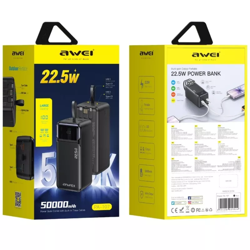 AWEI PA-107 Power Bank 50000mAh 22.5W PD 3xUSB Melns