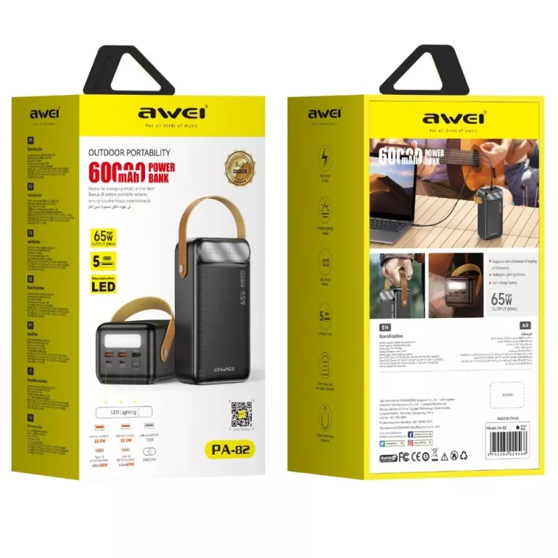 AWEI PA-82 Power Bank 60000mAh 65W PD 2xUSB-A/USB-C Melns