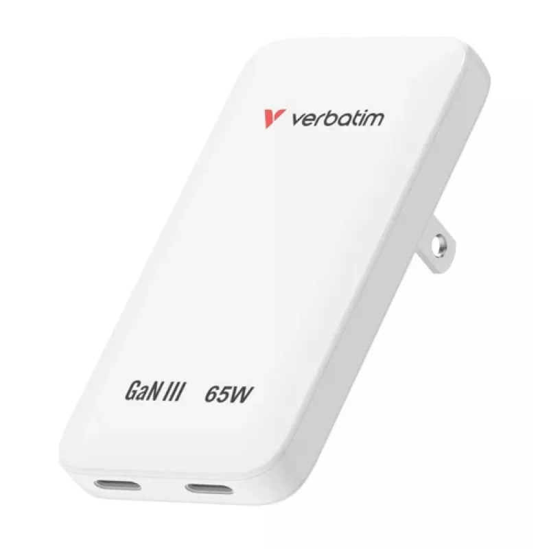 Verbatim Slim GaN lādētājs 2 porti 65W (EU/UK/US) balts
