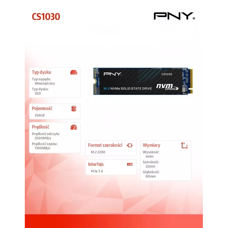PNY CS1030 256GB M.2 2280 PCIe NVMe Gen3 x4 iekšējais cietvielu disks (SSD) (Bulk)