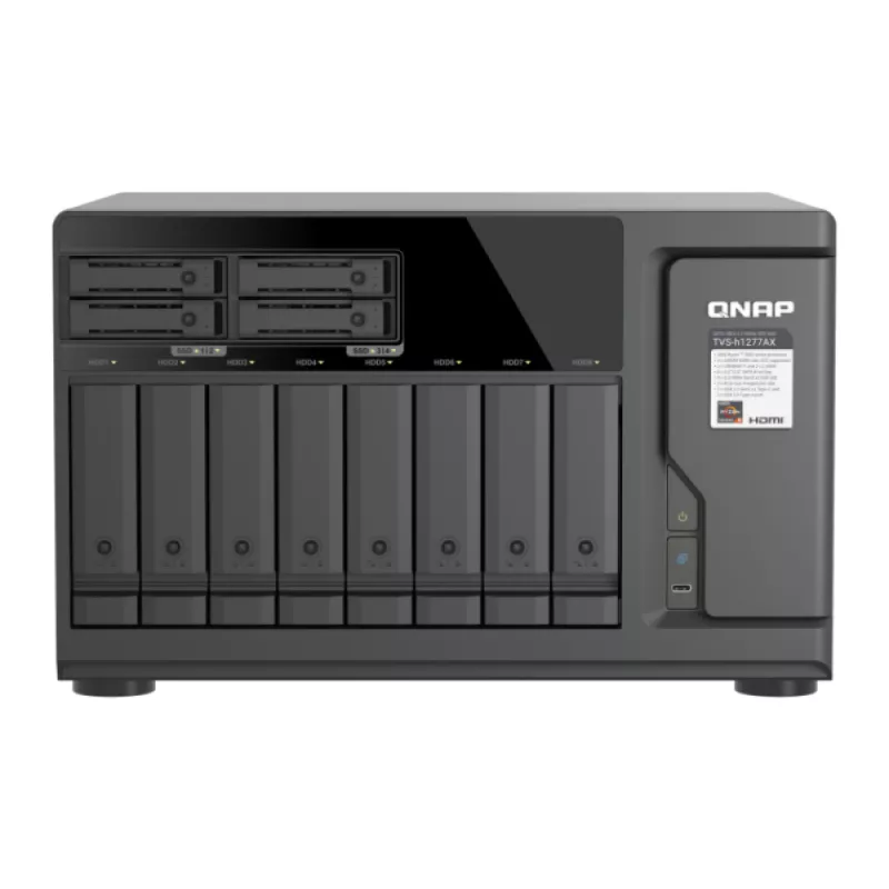QNAP TVS-h1277AX-R5-16G 12 vietu QuTS hero NAS, AMD EPYC 7232P 8 kodolu, 64GB DDR4 ECC, 2x25GbE SFP28, 2x2.5GbE, 12x U.2 NVMe/SATA SSD sloti