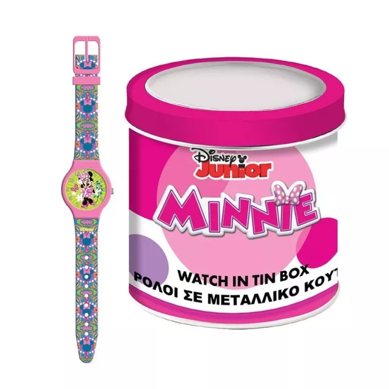 PULIO Analogais pulkstenis skārda kastītē - Disney Minnie Mouse, rozā PU ādas siksniņa, kvarca mehānisms, 30mm metāla sakausējuma korpuss, izturīgs pret šļakatām, meitenēm no 6 gadiem