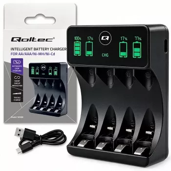 Qoltec NiMH/NiCd akumulatoru lādētājs AA, AAA, C, D, 9V ar LCD displeju un USB-C kabeli - Melns