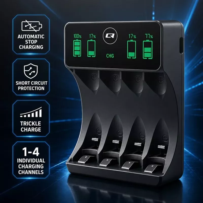 Qoltec NiMH/NiCd akumulatoru lādētājs AA, AAA, C, D, 9V ar LCD displeju un USB-C kabeli - Melns