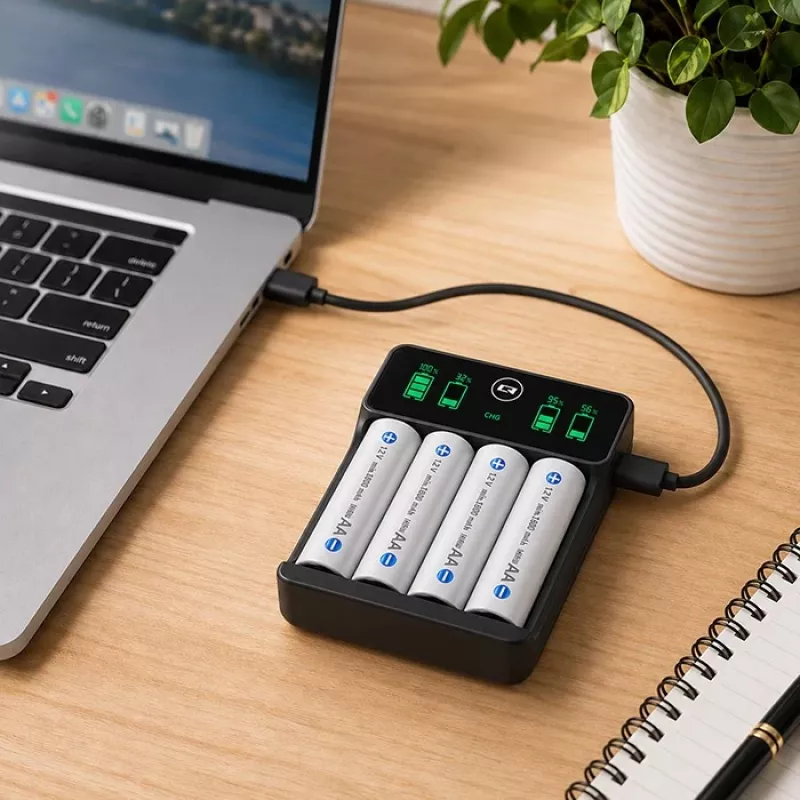 Qoltec NiMH/NiCd akumulatoru lādētājs AA, AAA, C, D, 9V ar LCD displeju un USB-C kabeli - Melns