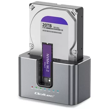 Qoltec 2in1 HDD SSD dokstacija SATA M.2 NVMe ar klonēšanu, USB-C 3.2 Gen 2, 10Gbps, līdz 28TB, alumīnija