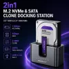 Qoltec 2in1 HDD SSD dokstacija SATA M.2 NVMe ar klonēšanu, USB-C 3.2 Gen 2, 10Gbps, līdz 28TB, alumīnija