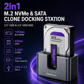 Qoltec 2in1 HDD SSD dokstacija SATA M.2 NVMe ar klonēšanu, USB-C 3.2 Gen 2, 10Gbps, līdz 28TB, alumīnija
