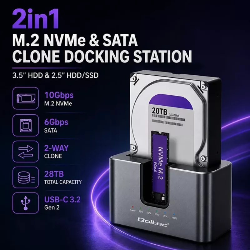 Qoltec 2in1 HDD SSD dokstacija SATA M.2 NVMe ar klonēšanu, USB-C 3.2 Gen 2, 10Gbps, līdz 28TB, alumīnija