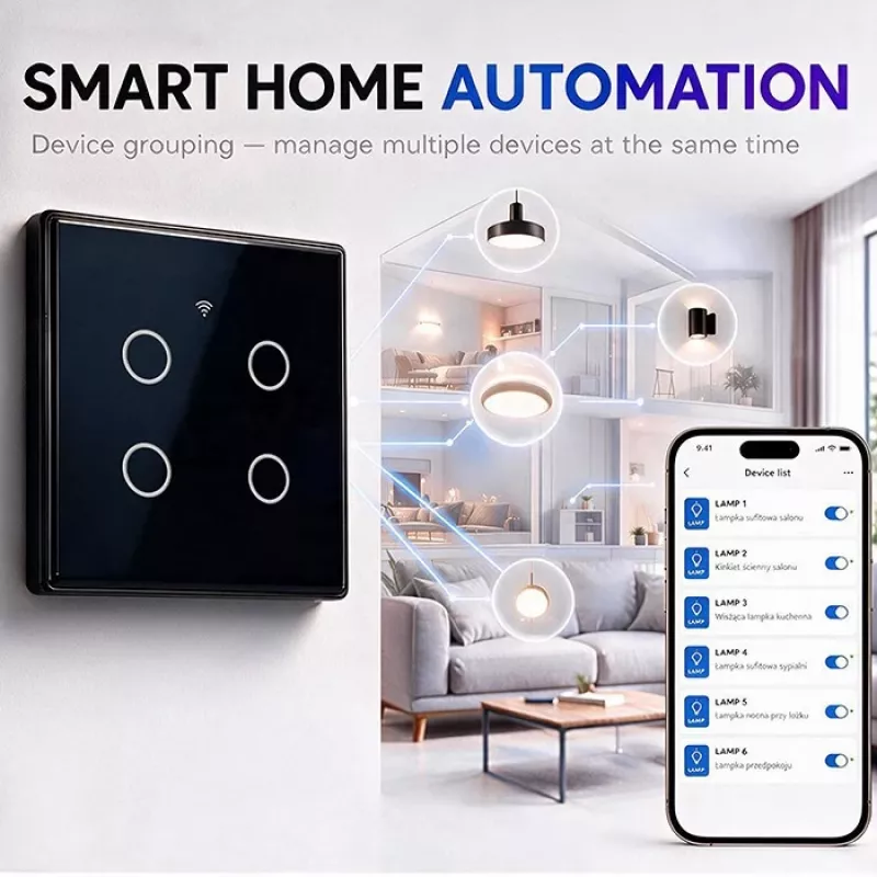 Qoltec Smart Touch Light Switch 4-Gang Wi-Fi Timer Tuya | Rūdīts stikls | Balts