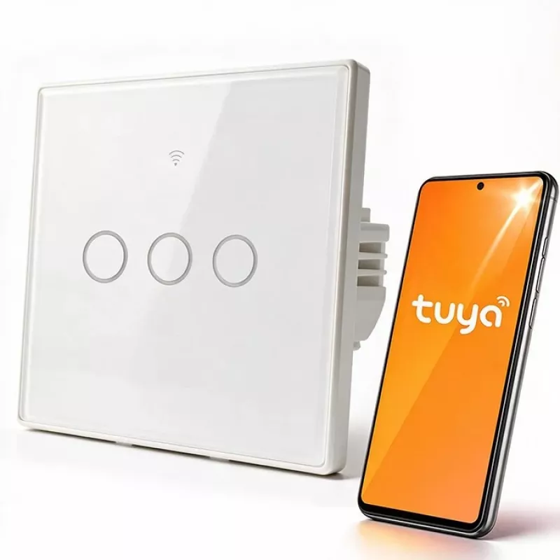 Qoltec viedais skārienjutīgais gaismas slēdzis 3-vietīgs Wi-Fi taimeris Tuya balts