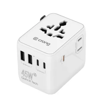 Crong One World ceļojumu adapteris GaN 45W UK/EU/US/AU balts