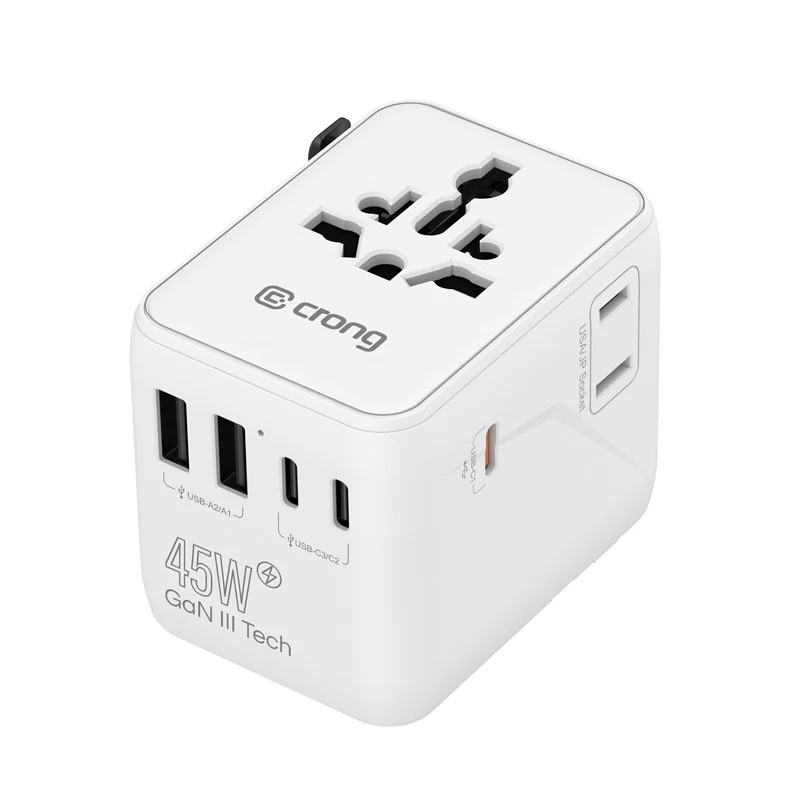 Crong One World ceļojumu adapteris GaN 45W UK/EU/US/AU balts