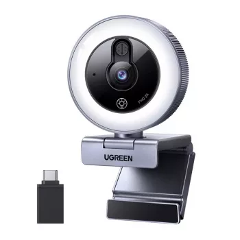 UGREEN 2K QHD tīmekļa kamera ar LED apgaismojumu un iebūvētu mikrofonu, 30fps, USB 2.0, autofokuss, 80° redzes lauks, klipšu un statīva stiprinājums, melna