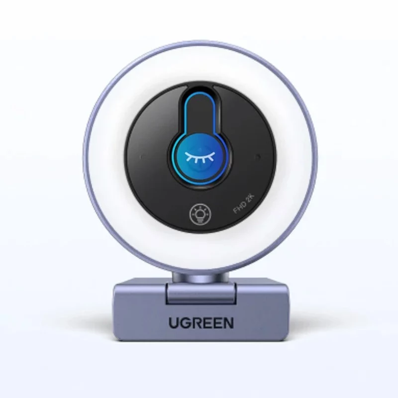 UGREEN 2K QHD tīmekļa kamera ar LED apgaismojumu un iebūvētu mikrofonu, 30fps, USB 2.0, autofokuss, 80° redzes lauks, klipšu un statīva stiprinājums, melna